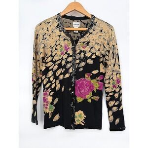 Chicos Cardigan Sweater Floral Sequin Animal Print Glam Party Silk Blend Sz 0/S